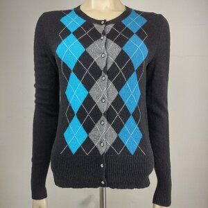 Apt. 9 black blue  gray argyle 100% Cashmere button up cardigan ladies Small